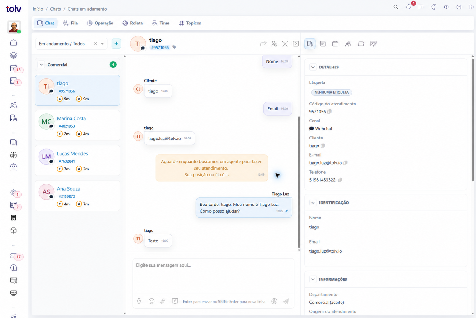 Tolv Chat interface with multiple conversations, queue, history, and customer data